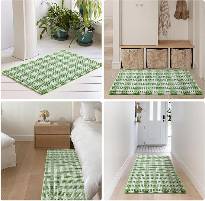 Waffle Bath Mat, Boho Bathroom Rugs Non Slip Washable Absorbent Checkered Bathroom Mat Quick Dry Cute Christmas Bath Mat, 30"x20" Green and White