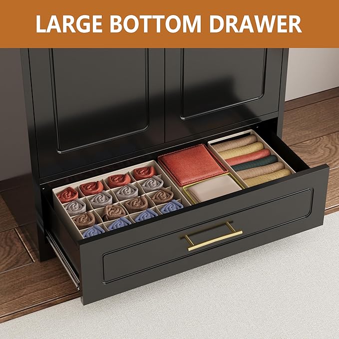 Metal Armoire Wardrobe Closet witih Drawer, Freestanding Wardrobe Cabinet with Hanging Rod, Clothing Storage Cabinet with Doors for Bedroom, 18" D x 32" W x 86" H, Black, Assemble Required