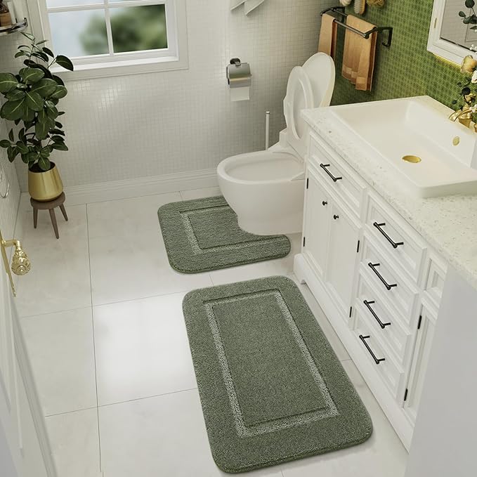 LOCHAS Bathroom Rug Set Sage Green, Soft Bath Rug Set 2 Piece Set, Toilet Mat U-Shaped 20x20 and 34x20 Bath Rugs, Quickly Dry Mats for Bathroom, Tub, Washable, Super Absorbent Floor Mat