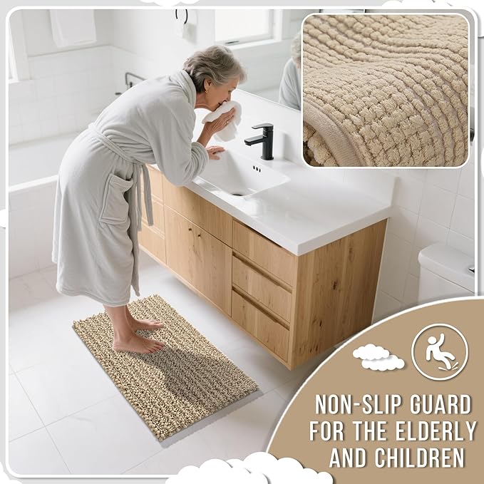 Yimobra Bathroom Rugs Non Slip Washable 32x20 Inch - Ultra Soft Absorbent Chenille Bath Mat, Quick Dry Shaggy Floor Carpet for Tub Shower, Camel Home Decor Accessories