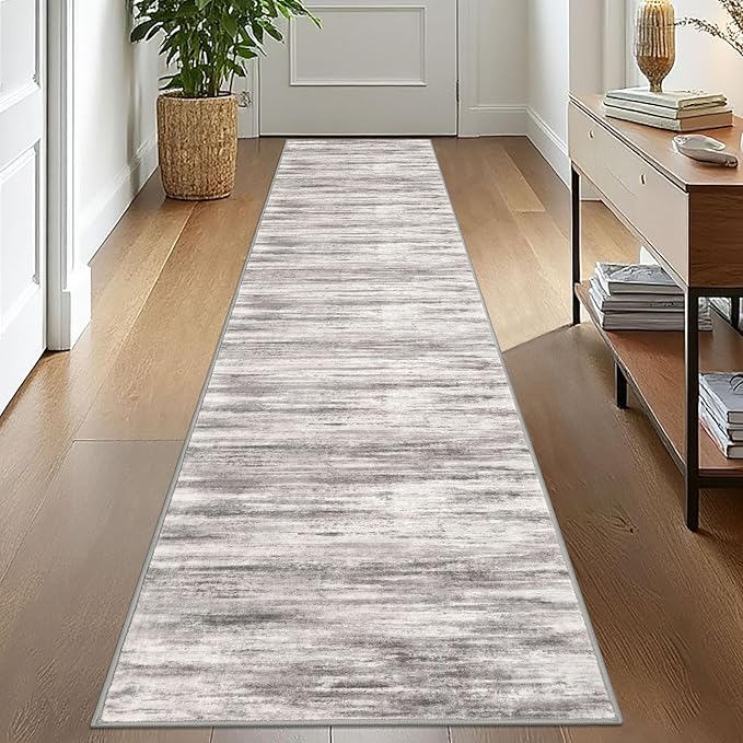 KOZYFLY Modern Abstract Hallway Runner, 2x10 Washable Rug Runner Non-Slip Soft Striped Kitchen Runner Rug, Grey Beige Print Carpet for Entryway Bathroom Laundry Room Foyer