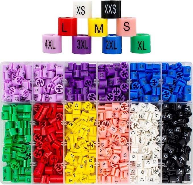 900Pcs Colorful Clothes Hanger Size Markers Assortment Kit, 9 Sizes XXS - 4XL Plastic Coding Hanger Sizes Tags Marker for Wire Hangers Clothing Hangers