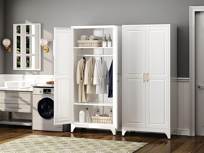 Metal Armoire Wardrobe Closet with Doors and Shelves, 71" Tall Freestanding Wardrobe Cabinet for Hanging Clothes, Large Closet with Hanging Rod for Bedroom, Office, School, Employee, Gym, White