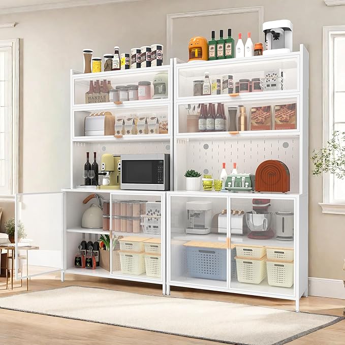 73'' Tall Kitchen Pantry Cabinet, 6 Level Flip Door with Pegboard Metal Pantry Storage Cabinet, Anti-Tip Design Hutch for Kitchen Dining Room Living Room, White