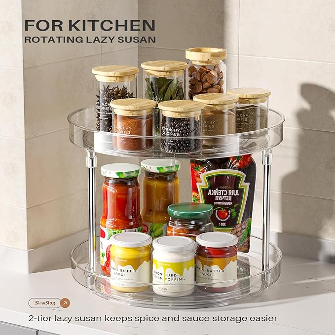 2 Pack 10.6-Inch 2 Tier Lazy Susan Organizer, 360 Degree Rotating Clear Turntable for Cabinet, Makeup and Perfume Organizer for Vanity, Kitchen, and Bathroom Counter Tray