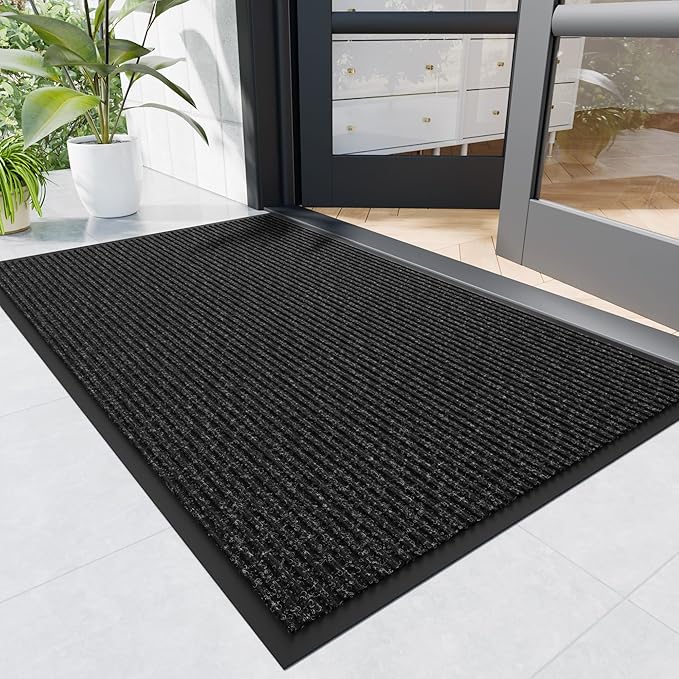 Front Door Mat, 5' x 3' Heavy Duty Indoor Outdoor Door Mat Entrance, Commercial Welcome Mats, Stain and Fade Resistant, Durable Rubber Backing, Low Profile Entry Mat for Patio, Black Stripe