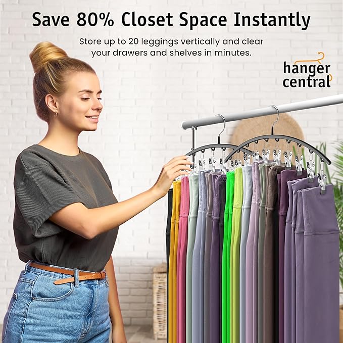 Hanger Central Legging Organizer for Closet – 2 Pack Metal Yoga Pants Hangers with 10 Non Slip Clips Each – Space Saving Hanging Closet Organizer for Clothes, Dorm Storage, Wardrobe – Black