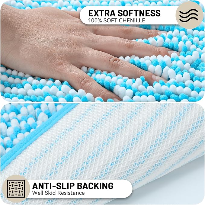 Ultra-Soft Bathroom Rug Set, 2-Piece – Absorbent, Non-Slip, Machine Washable Bath Mats for Bathroom, Shower, Sink, Kitchen （20" x 32" + 17" x 24"） Blue