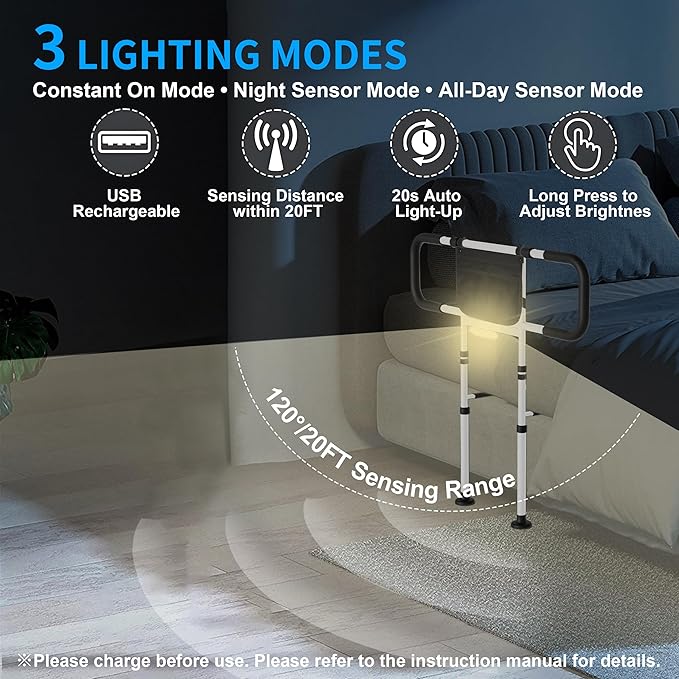 Bed Rails for Elderly Adults Safety - Adjustable Bed Side Rails with Support Leg, Bed Cane with Storage Bag and Motion Sensor Light, Fits Queen, King, Twin, Full, Supports up to 400lbs
