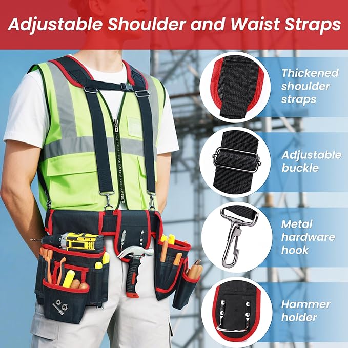 Tool Belt With Suspenders, Heavy Duty Magnetic Tool Belts for Men with 18 Pockets, Tool Belt with Adjustable 32 to 66 Inches Detachable Waist for Electricians, Carpenters, Framers, Black-Red