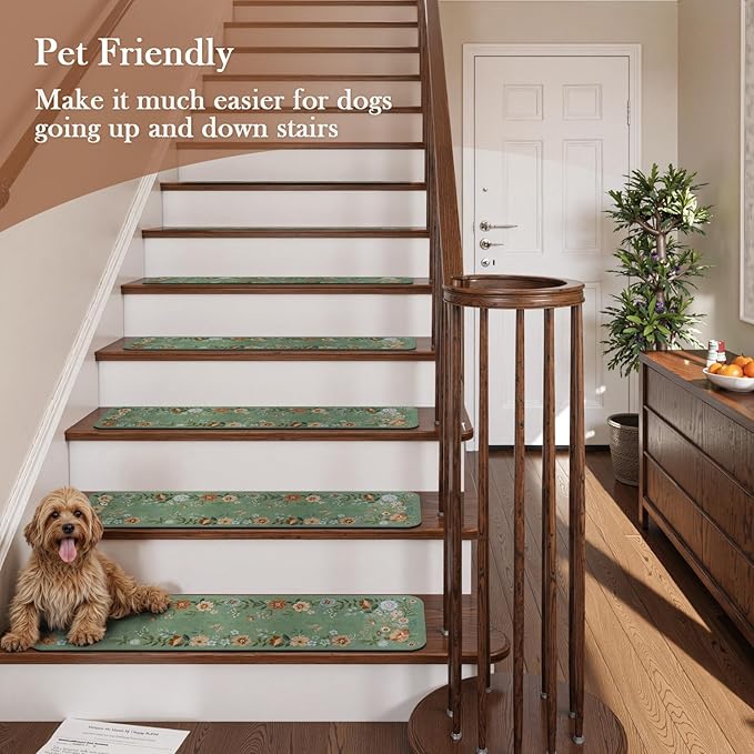 OJIA Floral Stair Treads Non-Slip Stair Runners for Wooden Steps Indoor 15PCS 30"x8" Stair Mats Staircase Step Treads for Kids, Elders and Dogs, Stair Covers, Green