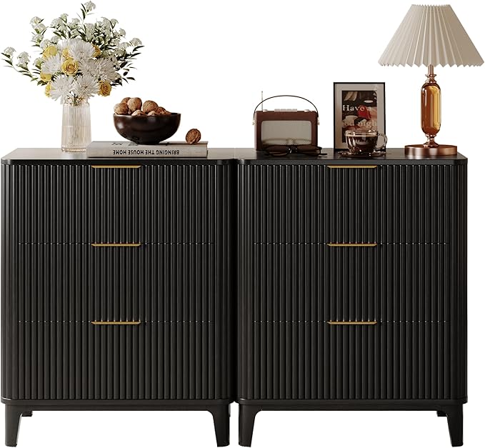 3 Drawer Nightstands Set of 2, 22.6" Mid Century Modern Night Stand, Large 3 Drawers Bedside Table with Quiet Drawers & Metal Handles, Fluted 3-Drawer Dresser Rustic Wood End Table Bedroom Black