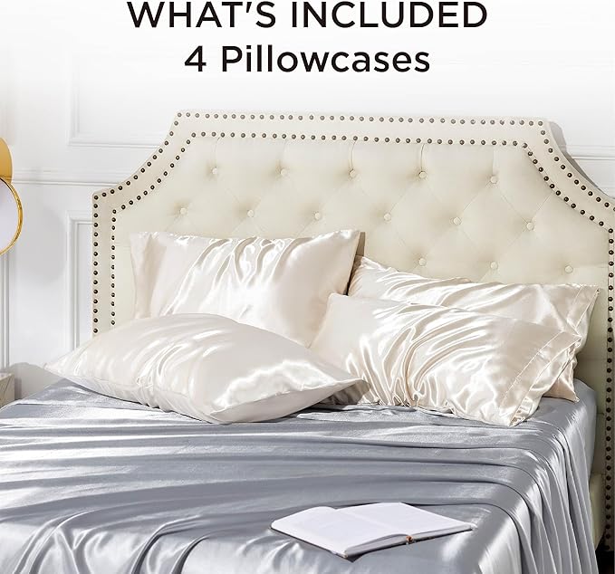 Bedsure King Size Satin Pillowcase Set of 4 - Beige Silky Pillow Cases for Hair and Skin 20x36 Inches, Pillow Covers with Envelope Closure, Similar to Silk Pillow Cases, Gifts for Women Men