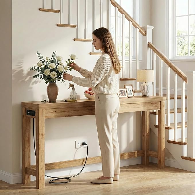 Cyclysio 63" Console Tables for Entryway, Long Console Tables for Living Room, Behind Couch Table, Sturdy Wood Support Farmhouse Entryway Table with 3AC+2USB Charging‌ Station, Natural Oak