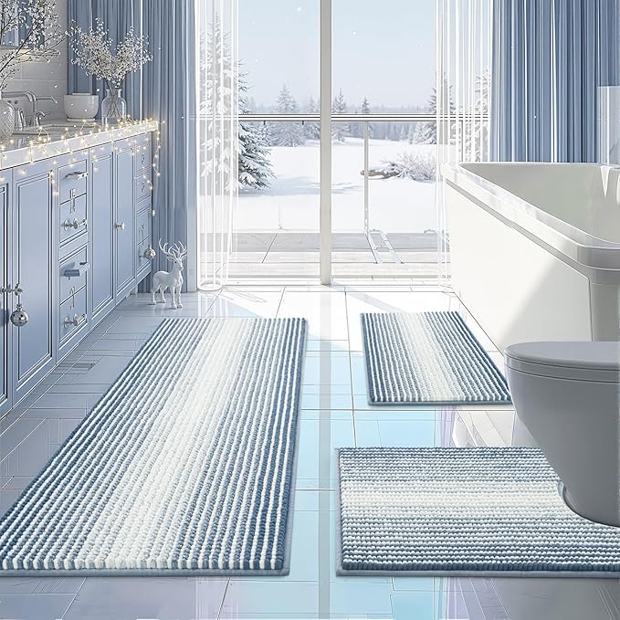 BSICPRO Bathroom Rugs Sets 3 Piece, Toilet Rugs U-Shaped Contour Bath Mat Set, Long Striped Absorbent Non Slip Chenille Shower Mat, Fog Blue