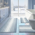 BSICPRO Bathroom Rugs Sets 3 Piece, Toilet Rugs U-Shaped Contour Bath Mat Set, Long Striped Absorbent Non Slip Chenille Shower Mat, Fog Blue