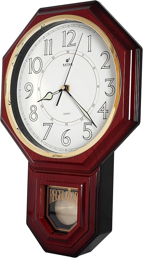 JUSTIME Traditional Schoolhouse Luminious Arabic Regulator Wall Clock, Chiming Wall Clocks with Pendulum & Westminster Chime Hourly, Schoolhouse Wall Decor Battery Operated (Red Mahogany)