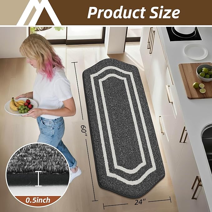 COSY HOMEER Kitchen Rugs and Mats 24"x59" Non Slip Kitchen Mats for Floor Washable Kitchen Runner Rug Stain Resistant Standing Mat for Kitchen,Sink,Polypropylene,Black