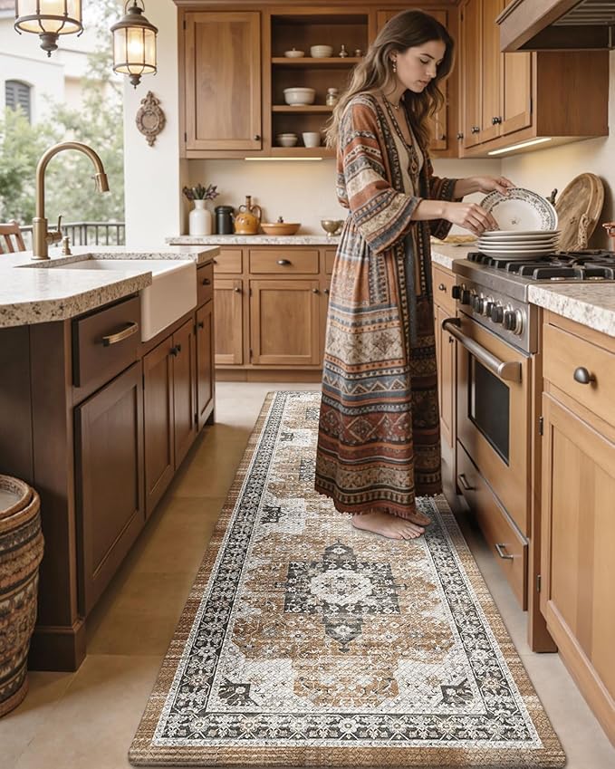 DEXI Kitchen Floor Mats Cushioned Anti Fatigue, 23x86 Long Wide Standing Comfort Runner Rug, Waterproof Retro Floral Memory Foam Padded for Front Sink Laundry, Brown/White