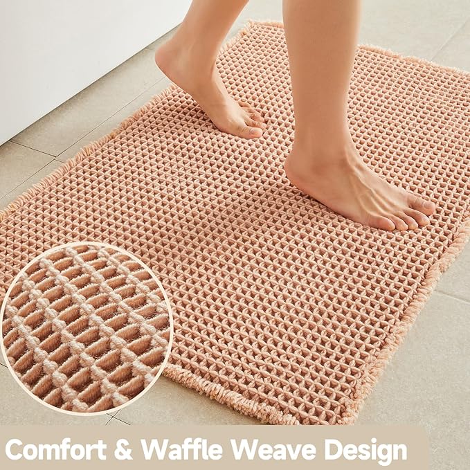 Waffle Bath Mat, Boho Bathroom Rugs Non Slip Washable Super Absorbent Quick Dry Bath Mat Farmhouse Bathroom Decor, 48"x24" Light Peach