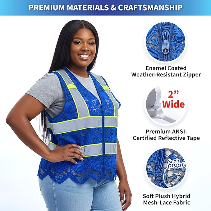 Lace-Mesh Safety Vest for Women & Men - Breathable, High Visibility Vest with Zipper & ANSI Class 2 Reflective Strips