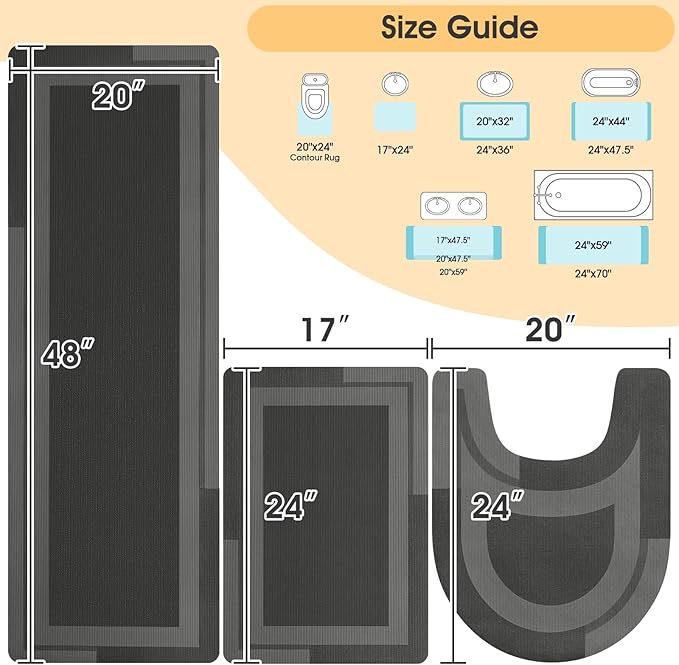 Ultra Thin Bath Mat, Upgrade Backing Non Slip Thin Bath Mats Fit Under Door, Quick Dry Ultra Absorbent Bathroom Rugs, Machine Washable Bath Rugs for Bathroom, Bathtub & Kitchen, Grey/Bordered/3 Piece