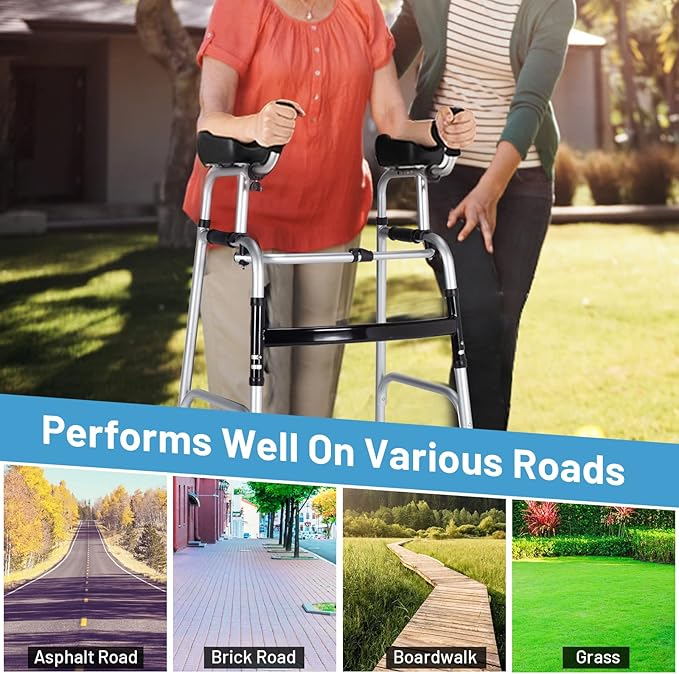 Goplus Walkers for Seniors, Foldable Standard Walker with 5’’ Wheels and Removable Padded Armrests 440lbs, Lightweight Walking Mobility Aid, Folding Platform Walker for Elderly, Handicap, Disabled