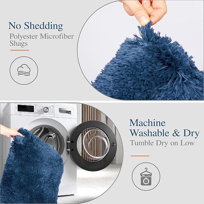 Walensee Bath Mat, Navy, 20 x 32, Non Slip, High Pile, Microfiber, Shag Rug, Machine Washable, Water Absorbent, Soft, Thick Plush, Bathroom