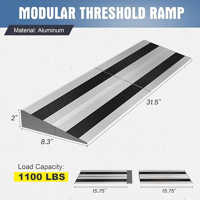 2" Rise Modular Threshold Ramp for Doorways, Stable Wheelchair Ramp for Home Steps, Aluminum Door Ramp and Curb Ramp for Scooters, Power Chairs, Cars, 1100LBS Load Capacity