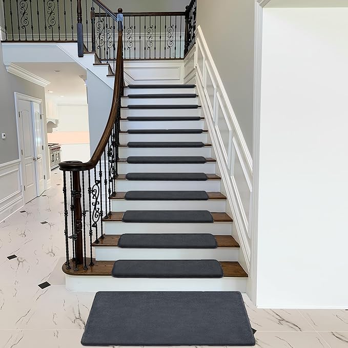 PURE ERA Carpet Stair Treads Ultra Plush 9.5" X 30"Soft Bullnose Indoor Stair Protectors Pet-Friendly Non-Slip Skid Resistant Tape Free Washable Reusable(14 Pieces,Dark Gray)