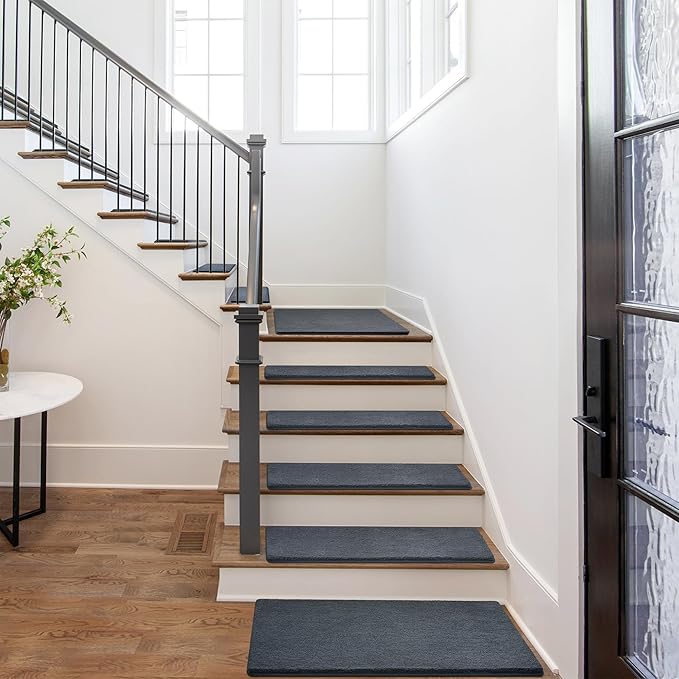 PURE ERA Carpet Stair Treads Ultra Plush 8" X 30" Soft Indoor Stair Protectors Pet-Friendly Non-Slip Skid Resistant Tape Free Washable Reusable(2 Pieces, Dark Gray)