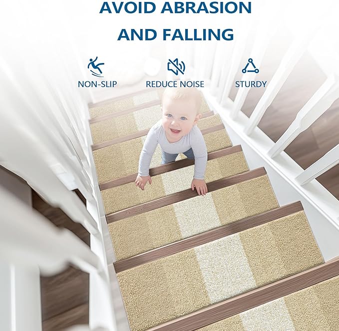 OLANLY Stair Treads Non Slip 15PCS, 8" x 30" Indoor Stair Runners for Wooden Steps, Edging Stair Rugs with Reusable Peel and Stick Adhesive for Kids Elders and Pets, Beige