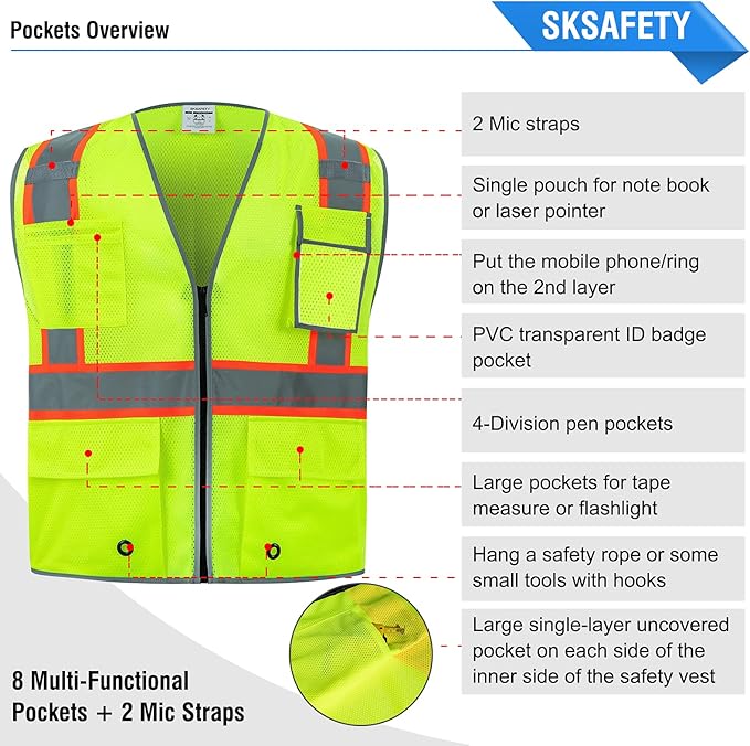 SKSAFETY 10 Pockets Safety Vest, Class 2 High Visibility Security with Zipper Double-sided mesh, Hi Vis Vest with Reflective Strips, ANSI/ISEA Standard, Construction Work Vest （Lime, 3XL）