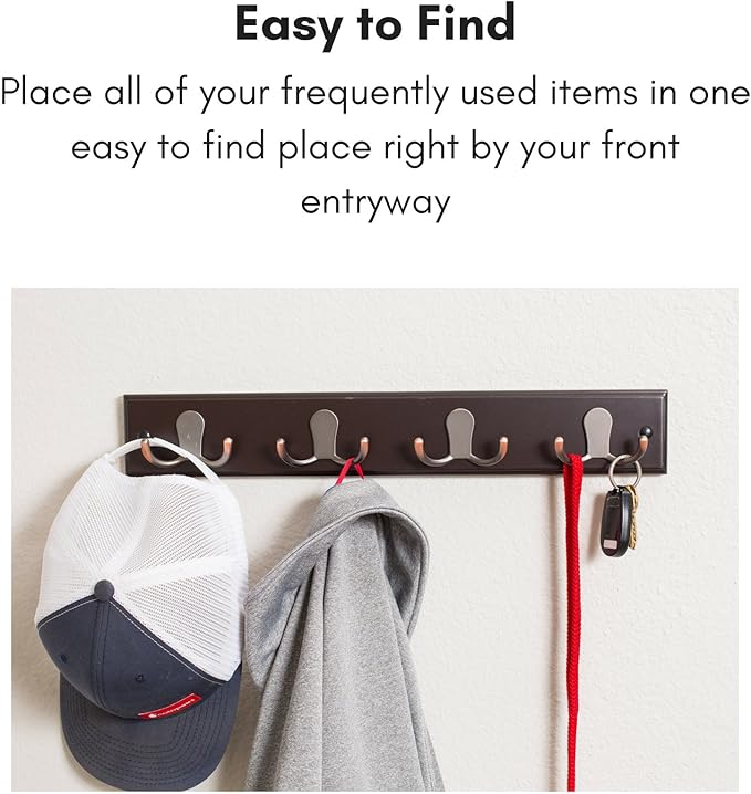 BIRDROCK HOME Dual Hook Coat Rack | 4 Dual Hooks | Wall Mounted Hat Key Rack Rail | Oil Rubbed Bronze Hooks | Dark Brown Pine Bathroom Rail