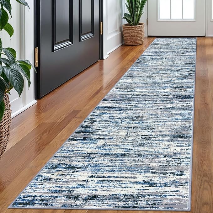 Modern Abstract Runner Rug 2x10, Grey Blue White Washable Long Kitchen Runner Non-Slip Soft Hallway Rug Runner Thin Print Faux Wool Carpet for Entryway Bedroom Laundry Room Indoor Home Decor