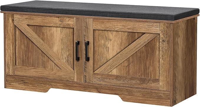 2-Tier Storage Bench, 39.4" Wide Shoe Bench with Padded Seat Cushion, Entryway Bench with 2 Barn Doors and Adjustable Shelf, Rustic Walnut