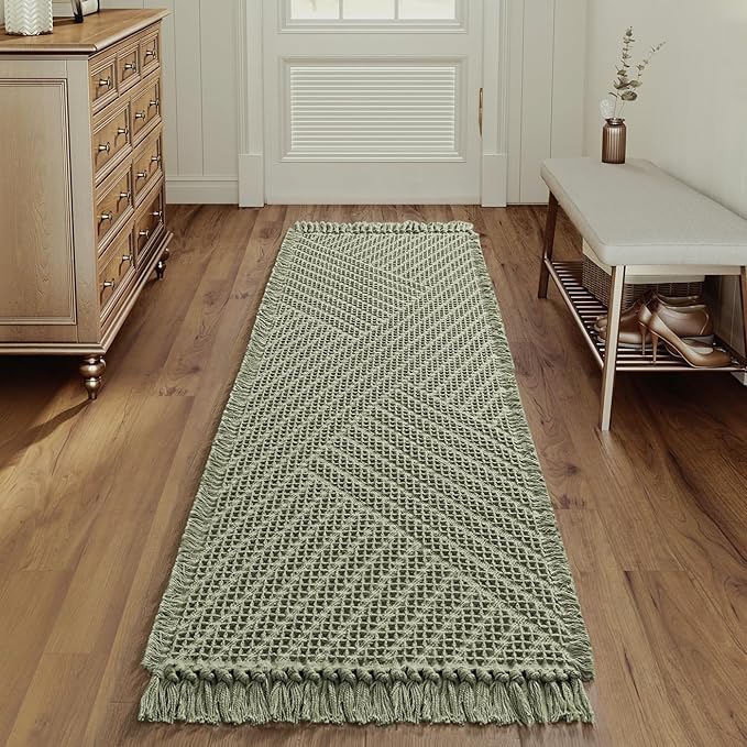 H.VERSAILTEX Waffle Bath Runner Rug Long Bath Mat Super Absorbent Boho Bath Rugs Non Slip Bath Runner for Bathroom Floor Machine Washable Dry Fast Bathroom Rugs with Tassels, 24" x 72", Sage