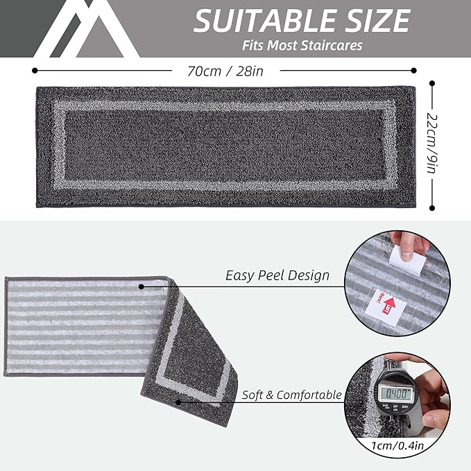COSY HOMEER Soft Stair Treads Non-Slip Carpet Mat 28inX9in Indoor Stair Runners for Wooden Steps,Stair Rugs for Kids and Dogs, 100% Polyester TPE Backing 7pcs,Black,Square
