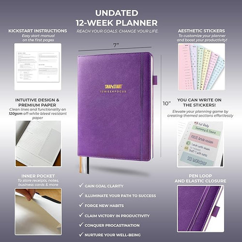 12 Week Focus Planner: High Performance Project Planner - Stay Focused and Achieve your Goals - Weekly and Daily Pages with Scientifically Proven Prompts - Undated, 7x10inch Purple Hardcover