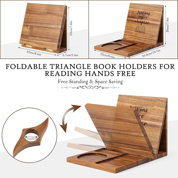 Book Holder Stand for Reading Rest, Wooden Foldable Bookshelf with Thumb Page Holder, Cup, iPad & Phone Stand, Book Nook Reading Valet Desktop Triangle Bookstand for Readers Bookworms Gifts