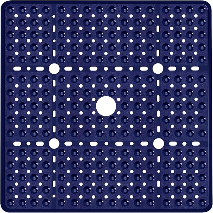 Large Square Shower Mat 27 x 27 Inch Navy Blue, Non Slip Shower Bathtub Mats for Inside Shower with Big Suction Cups Drain Holes, Anti Slip Bathroom Floor Stall Mats, Easy Clean, BPA-Free