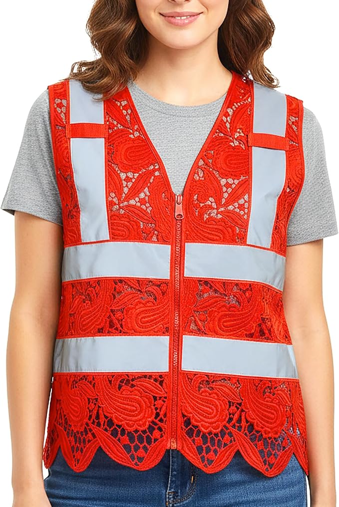 Lace-Mesh Safety Vest for Women & Men - Breathable, High Visibility Vest with Zipper & ANSI Class 2 Reflective Strips