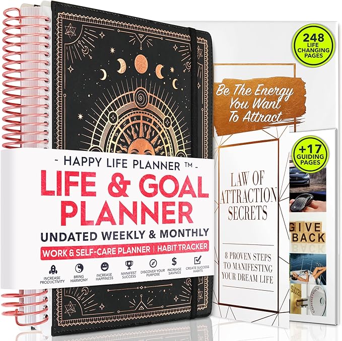 Manifestation Journal – Hourly, Weekly & Monthly Planner | 12-Month to Increase Productivity, Life Organizer & Goal Planner | Spiral Journal, Habit Tracker, Foldable Vision Board, Gift Box & Stickers