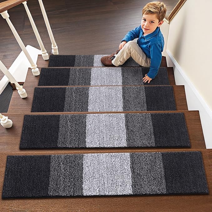 OLANLY Stair Treads Non Slip 15PCS, 8" x 30" Indoor Stair Runners for Wooden Steps, Edging Stair Rugs with Reusable Peel and Stick Adhesive for Kids Elders and Pets, Black