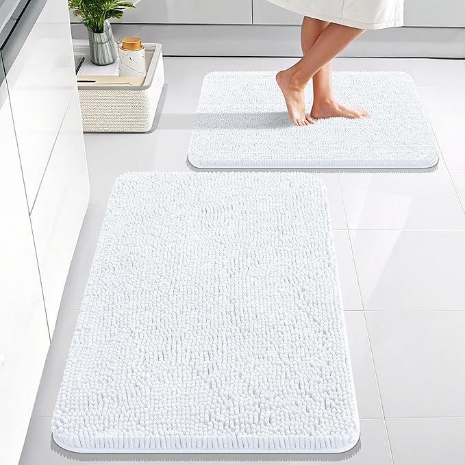 OLANLY Bathroom Rugs Sets 2 Piece, Soft Absorbent Chenille Bath Mats Area Rug Set, Non-Slip, Quick Dry, Machine Washable Bath Mats for Bathroom, Home Decor Accessories (30"x20"+24"x16", White)