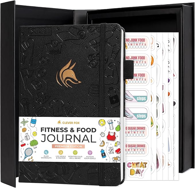 Clever Fox Fitness and Food Journal Premium – Guided Daily Workout, Meal & Weight Loss Tracker for Women & Men – Exercise Diet Planner (Black)