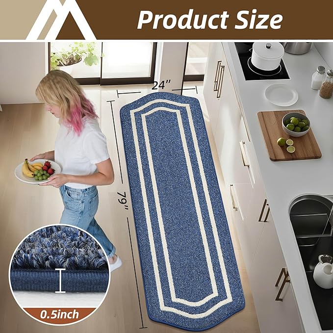 COSY HOMEER Long Kitchen Floor Mats for in Front of Sink Super Absorbent Kitchen Rugs and Mats 24"x79" Non-Skid Kitchen Mat Standing Mat Washable,Polypropylene,Blue,Frame