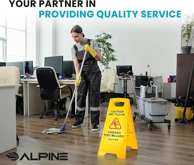 Alpine Caution Wet Floor Signs 5 Pack - 24 Inch, High Visibility Yellow Slippery When Wet Sign - Bilingual Safety Warning Sign to Easily Avoid Slippery Accidents in High Traffic Areas