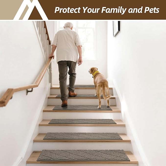 COSY HOMEER Stair Treads for Wooden Steps 9"x28" Washable Indoor Carpet Stair Treads Non Slip Soft Polyester Stair Carpet Tread Reusable Stair Runner Rugs for Kids, Elders,Pets,Light Brown,4pcs