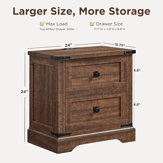 T4TREAM 24" Farmhouse Nightstand with Charging Station Set of 2, Large End Table with 2 Storage Drawers, Rustic Wood Sofa Bedside Table for Bedroom, Reclaimed Barnwood Color